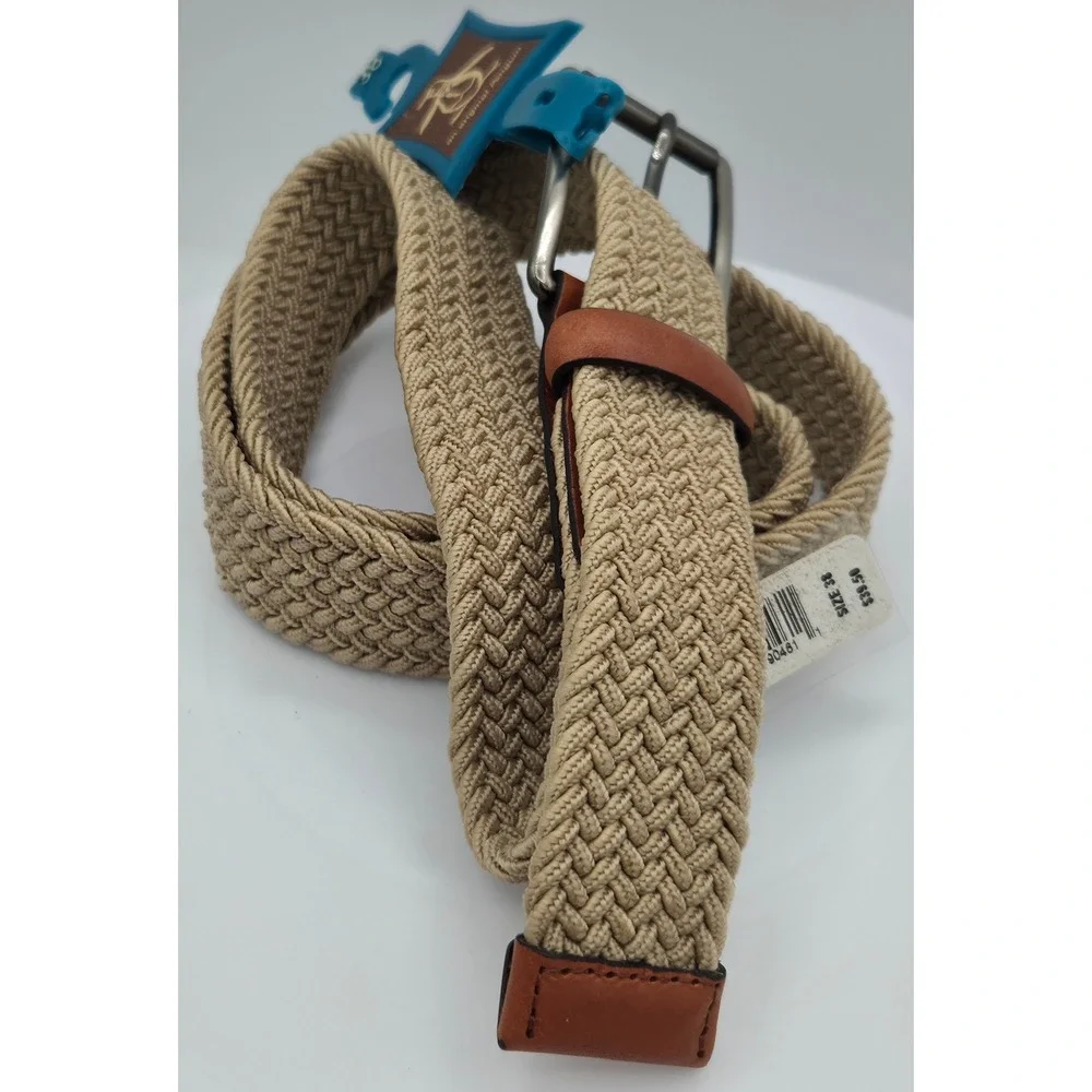 Original Penguin Mens Braided Elastic Stretch Belt Tan Leather Brown Trim Sz 38